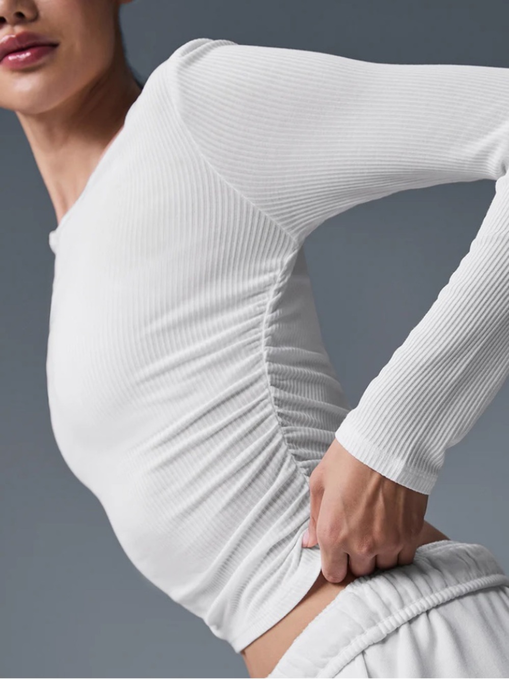 ALO Yoga Gather White Ribbed Long Sleeve Crew Top - Picture 4 of 11
